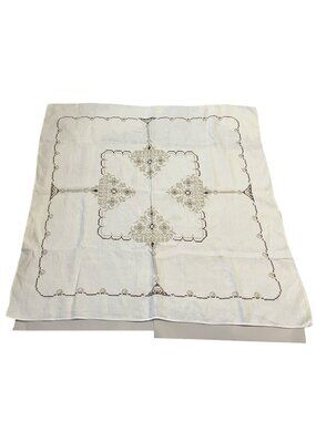 Vintage Hand Embroidered Linen Tablecloth 34x34 Square Cream Brown Floral Cutwor